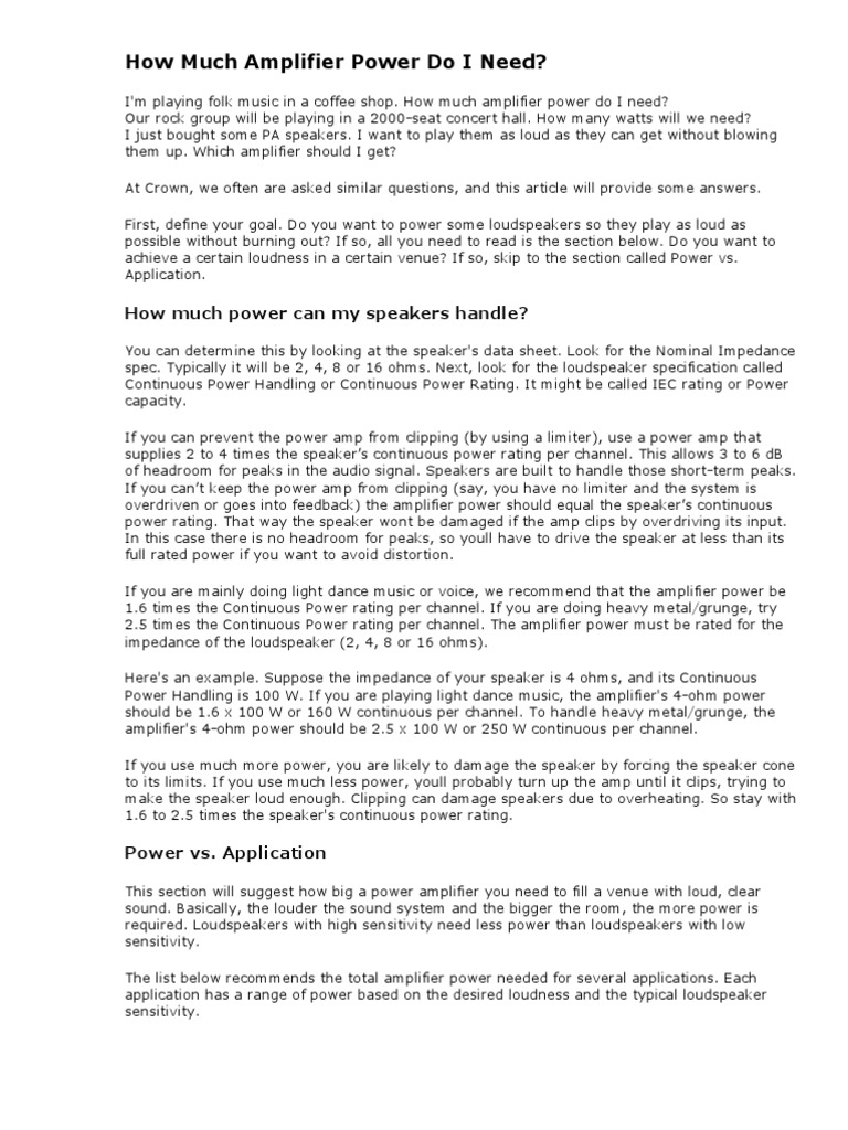 How Much Amplifier Power Do I Need PDF Loudspeaker Amplifier