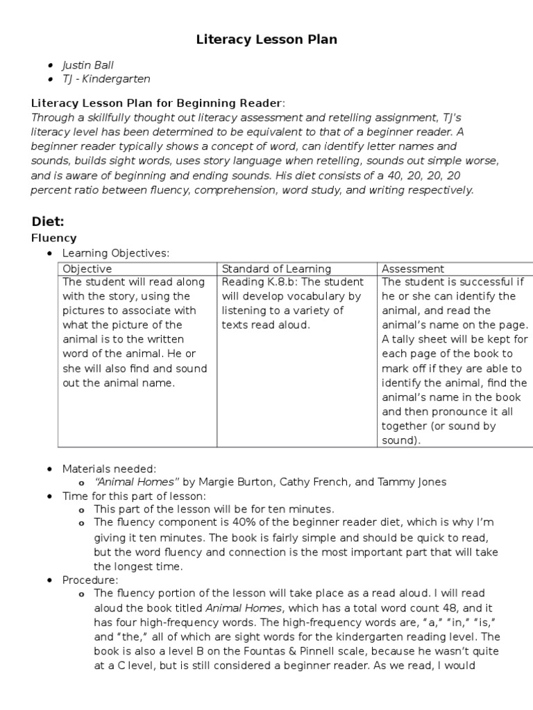 Kindergarten Literacy Lesson Plan | PDF | Reading Comprehension | Literacy