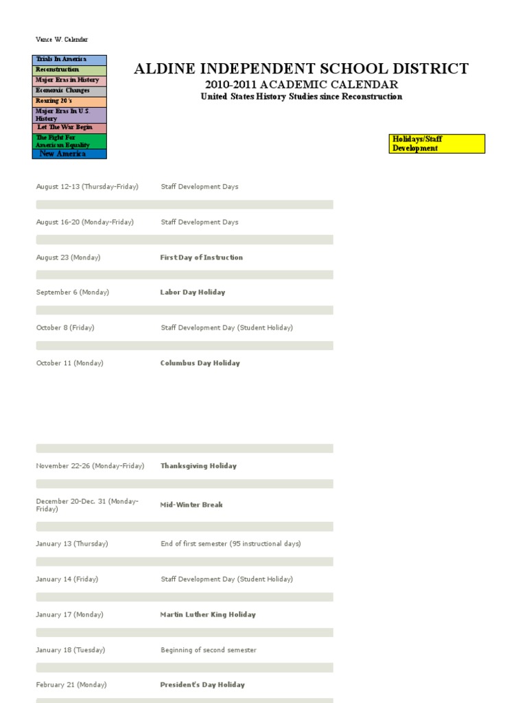 Aldine Independent School District 20102011 ACADEMIC CALENDAR PDF