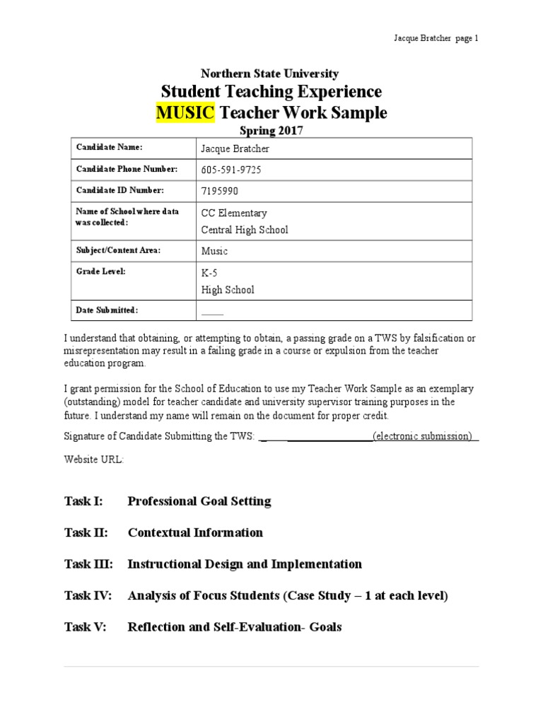 Student Teaching Experience MUSIC Teacher Work Sample: Northern State ...