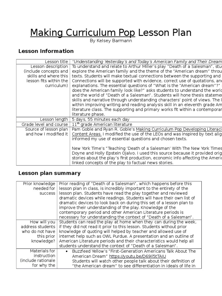 Curriculum Pop Lesson Plan PDF Lesson Plan Educational Assessment