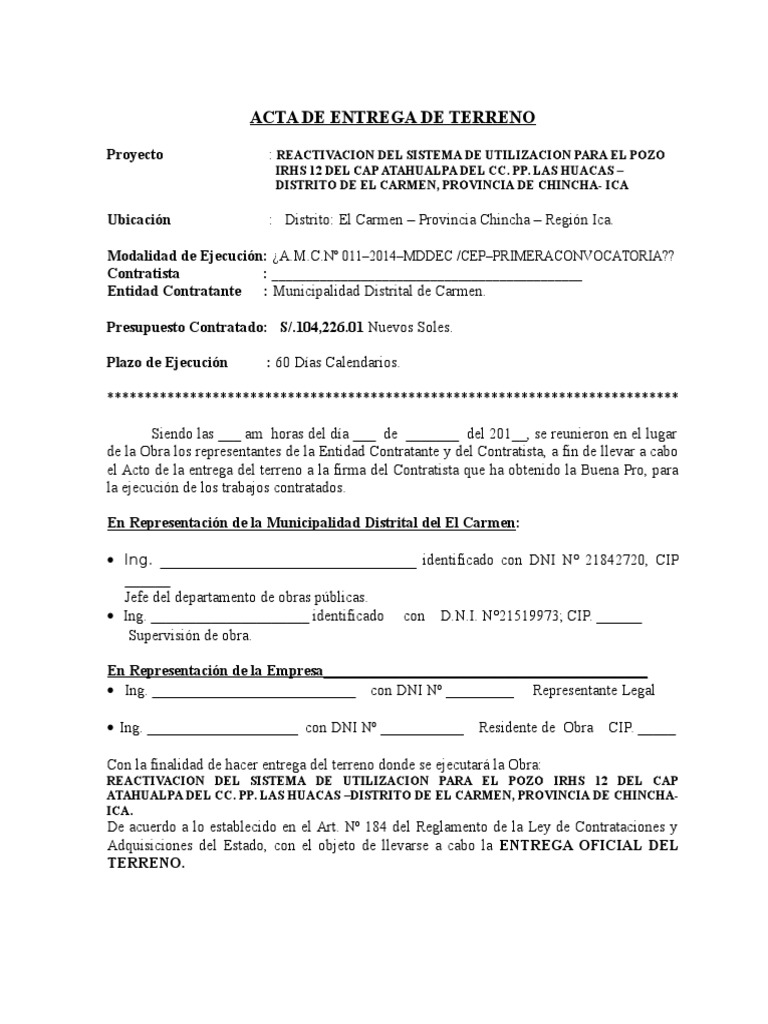 Acta de Entrega e Inicio de Obra Ica | PDF | Gobierno