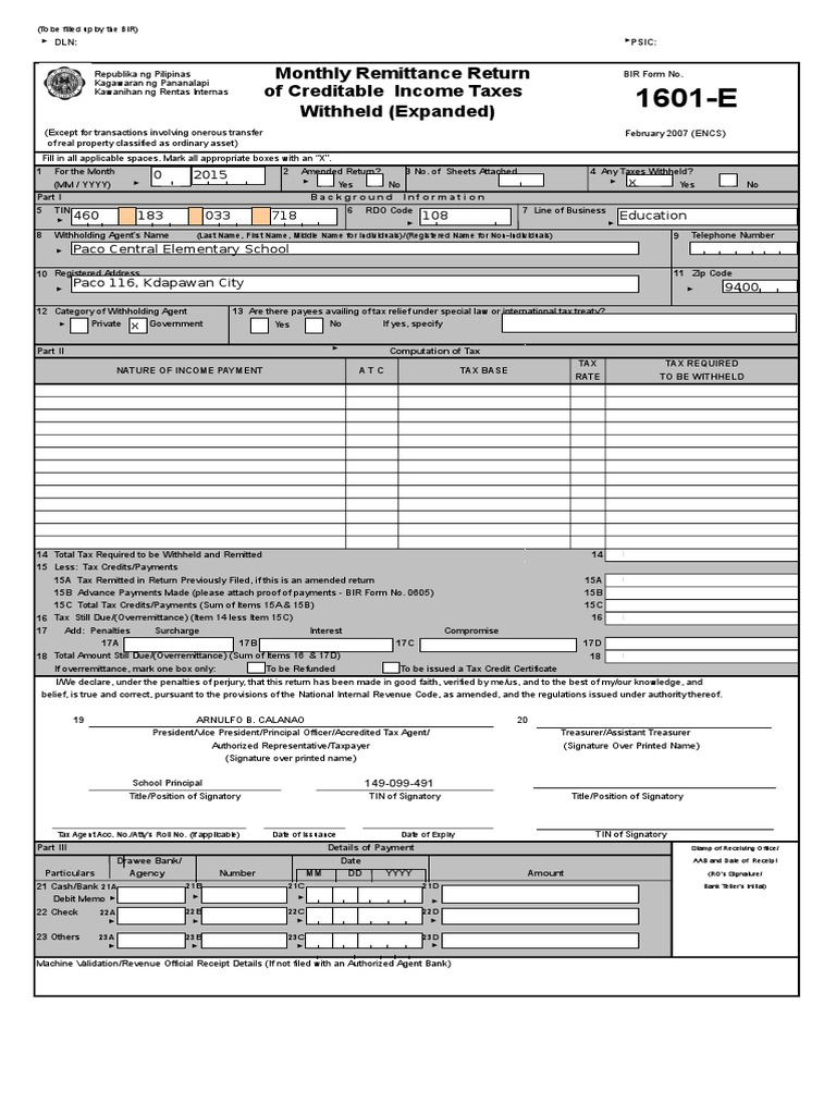 Bir form 1601 e withholding tax payments