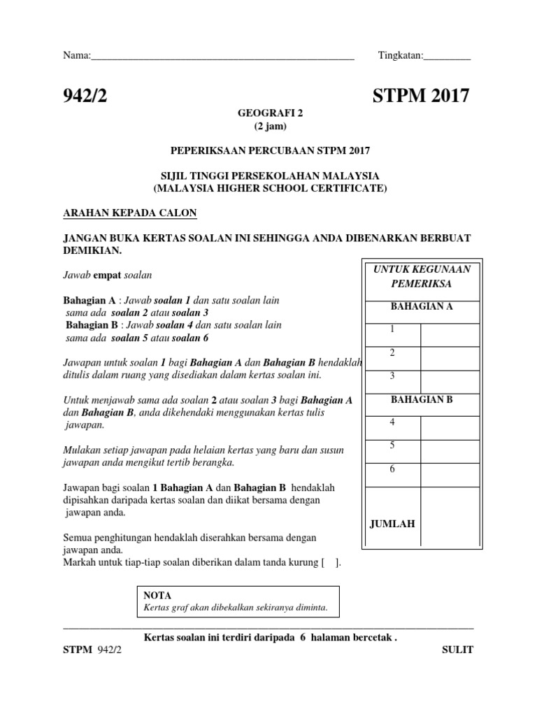 Soalan Percubaan Geografi Stpm Penggal 2 2019 - Aadhar In