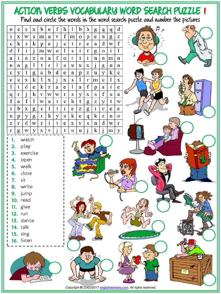 action verbs vocabulary esl word search puzzle worksheets