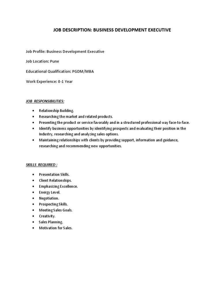 Job Description Business Development Executive PDF