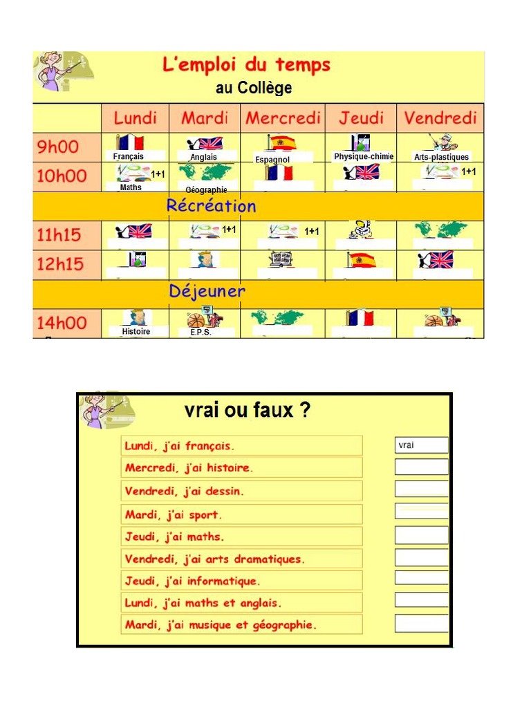 emploi du temps + vrai faux