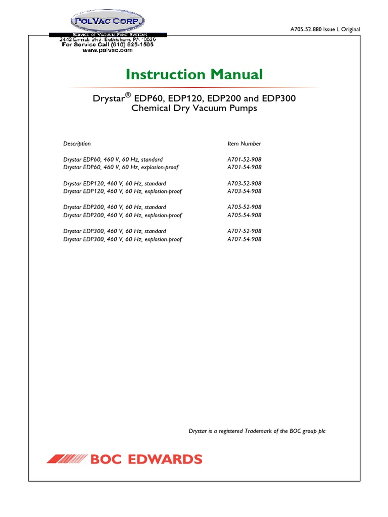 Edwards Vacuum Pump EDP Dry Pump Instruction Manual PDF Pump Valve