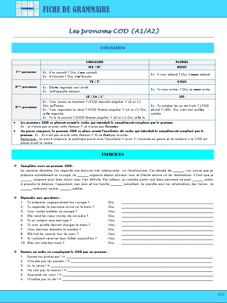 Pronoms COD : Guide et Exercices | PDF | Genre grammatical | Nombre ...