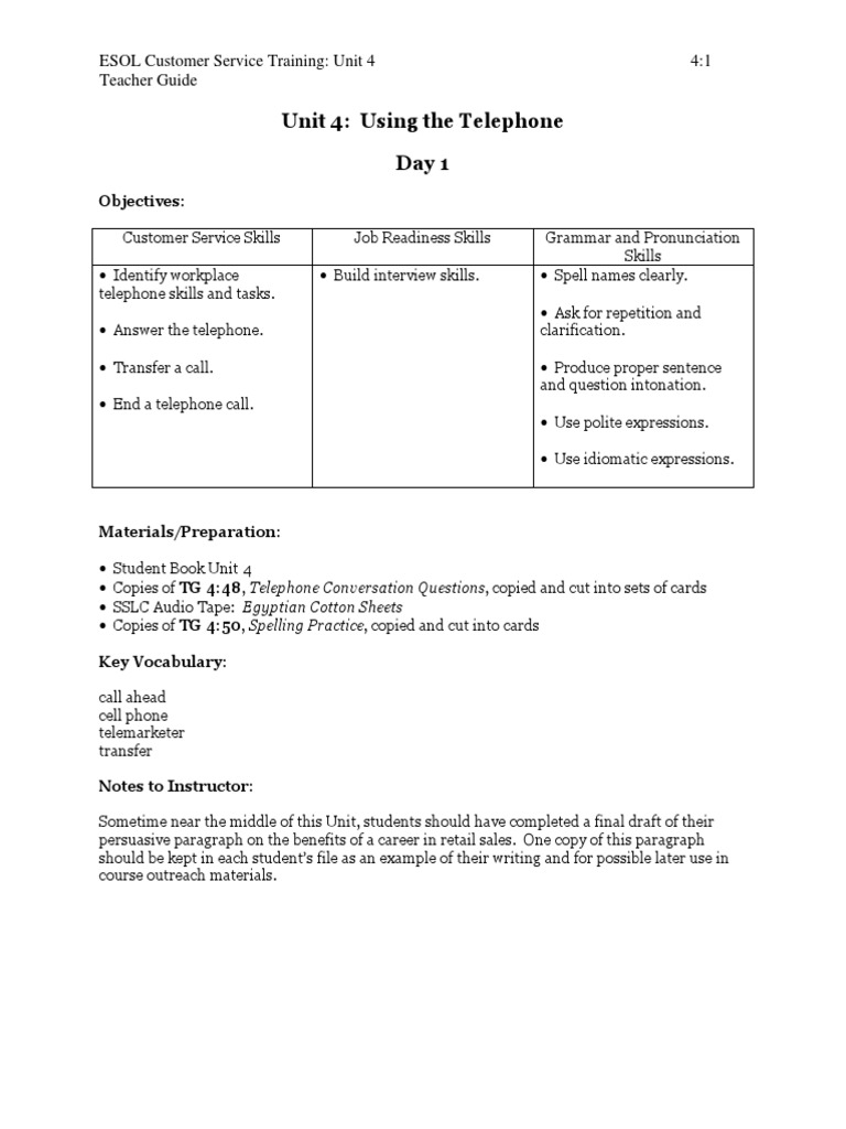 Unit 4 Using The Telephone Day 1 Pdf