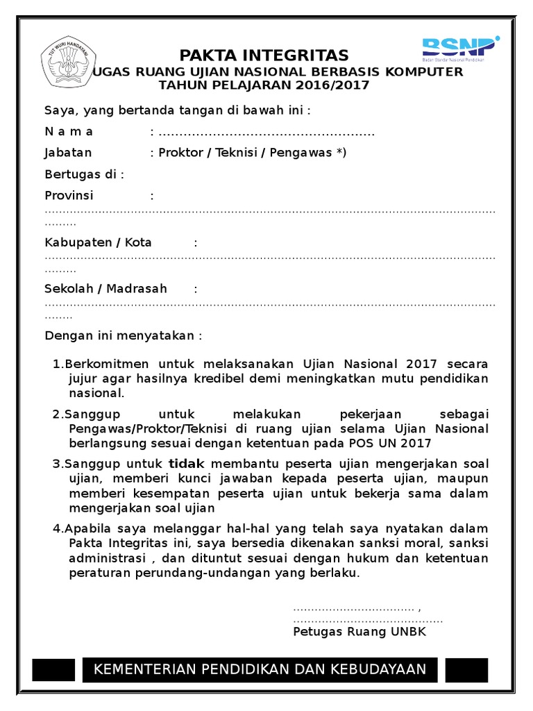 Pakta Integritas Unbk 2017