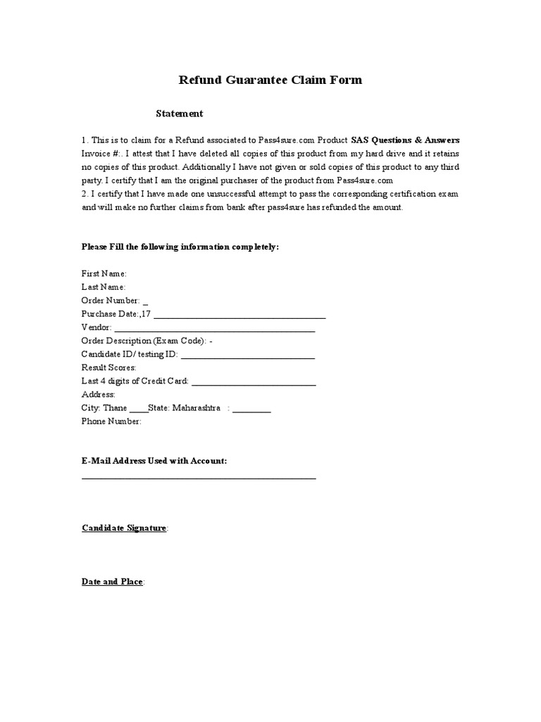 Refund Claim Form for Pass4sure Product | PDF
