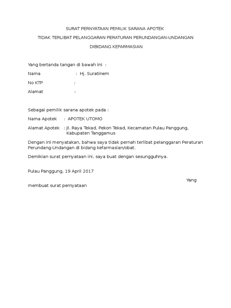 Contoh Surat Pernyataan Asisten Apoteker Dengan Pemilik