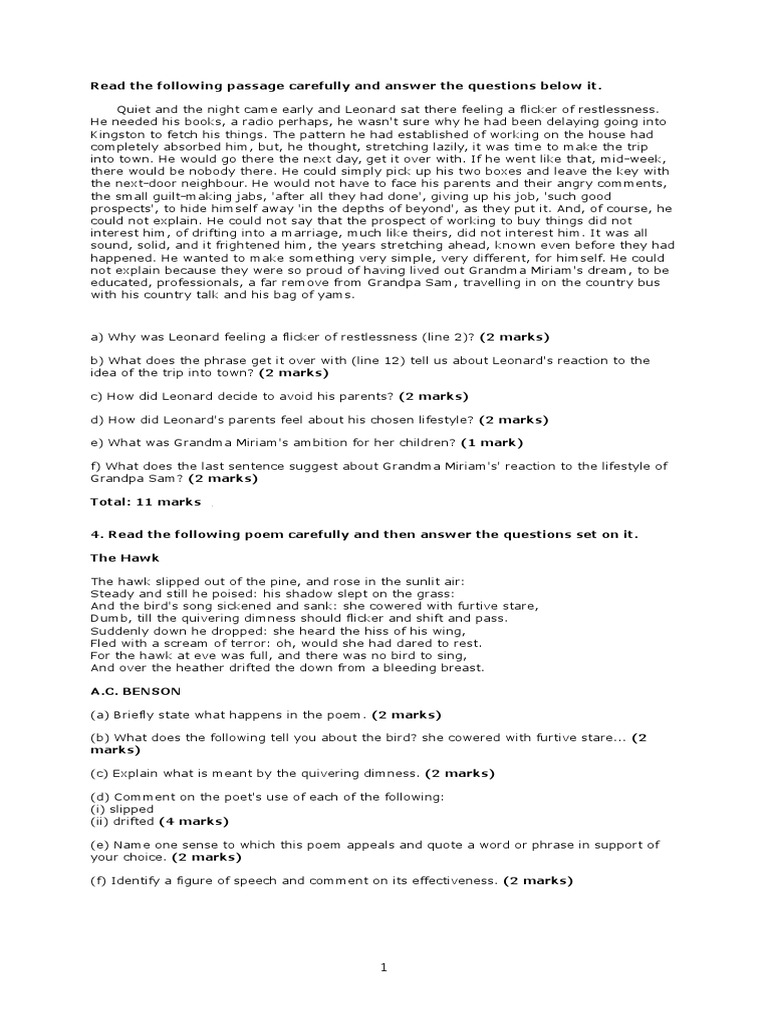 Worksheets Read The Passage read the following passage carefully and answer questions below it
