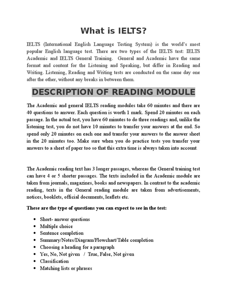 Description of Reading Module: What Is IELTS? | PDF | International ...