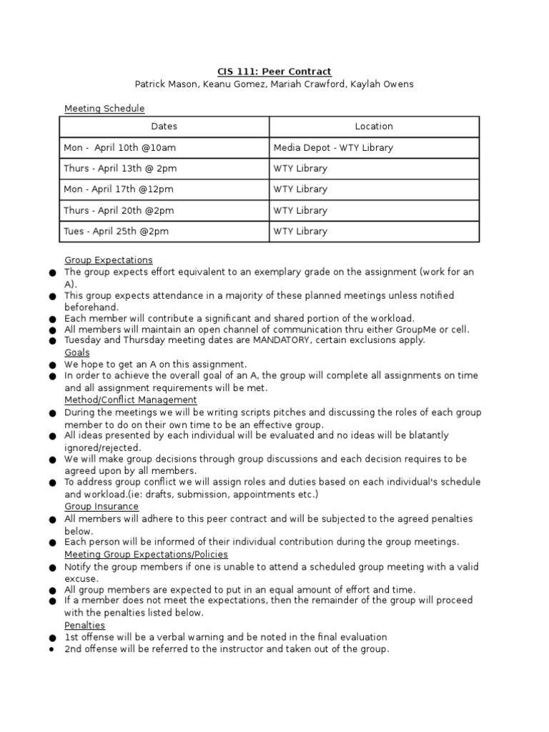 CIS 111 Peer Contract and Meeting Plan | PDF
