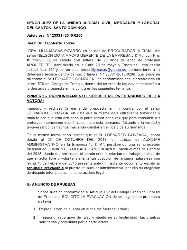 Contestacion Laboral COGEP | PDF | Demanda judicial | Instituciones sociales