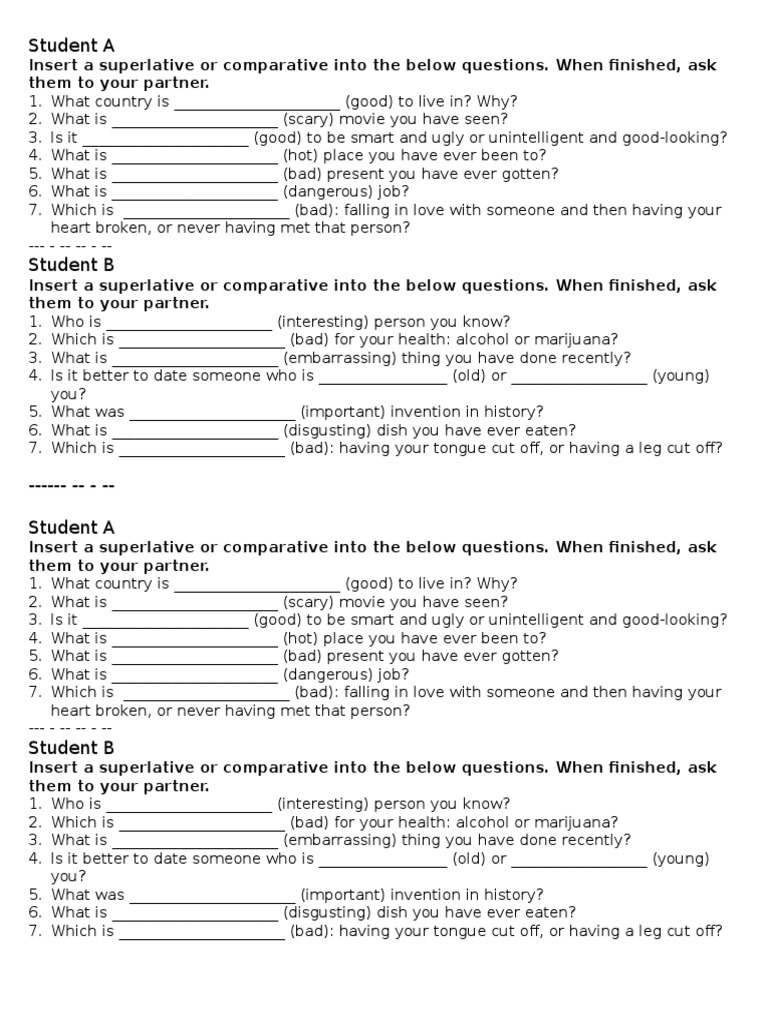 Comparatives Superlatives Conversation Questions PDF