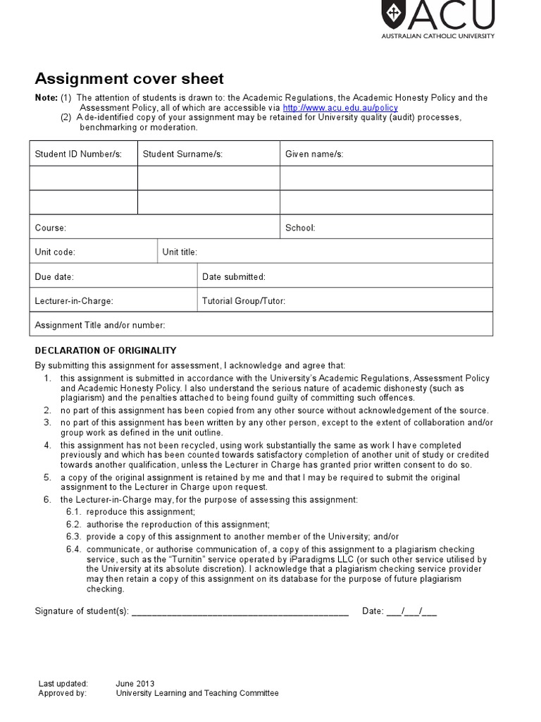 Assignment Cover Sheet University | Download Free PDF | Plagiarism ...