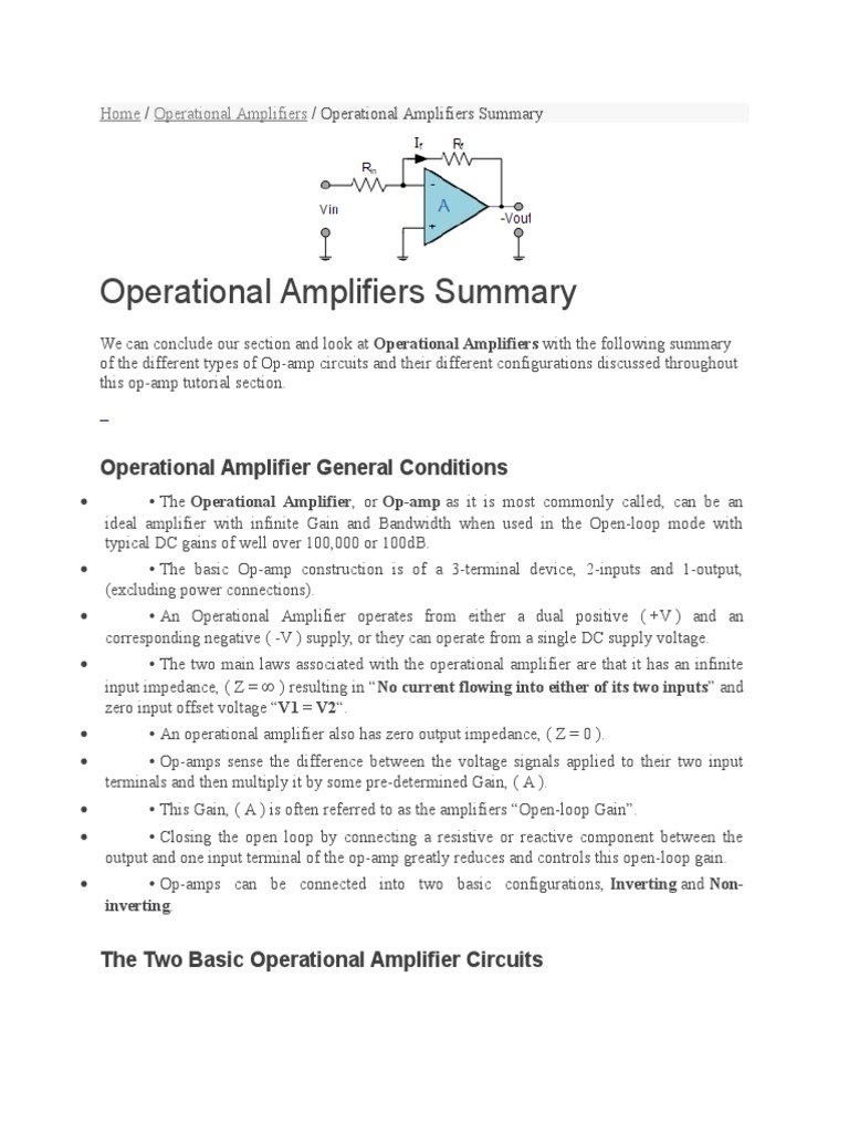 Operational Amplifiers Summary PDF Operational Amplifier Amplifier