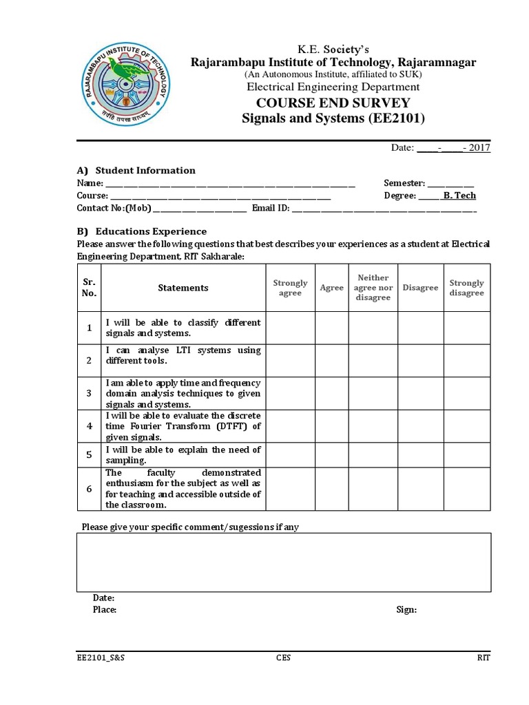 Course End Survey Signals and Systems (EE2101) : Rajarambapu Institute ...