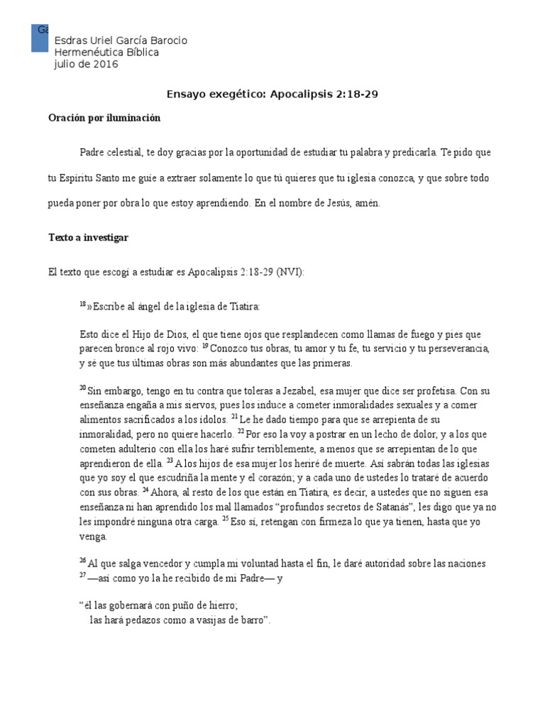 Carta a la iglesia de Tiatira  Libro de revelación  Juan 