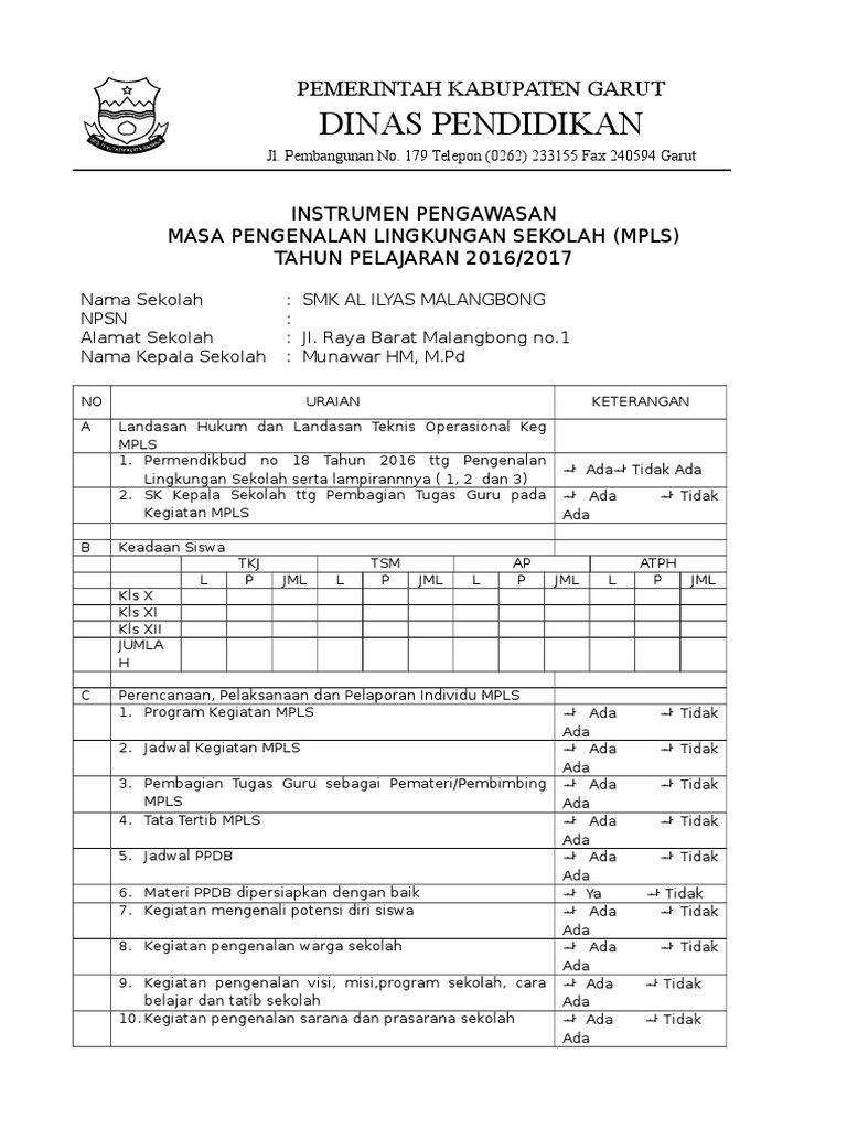 Model Instrumen Masa Pengenalan Lingkungan Sekolah Mpls 2016 Al Ilyas