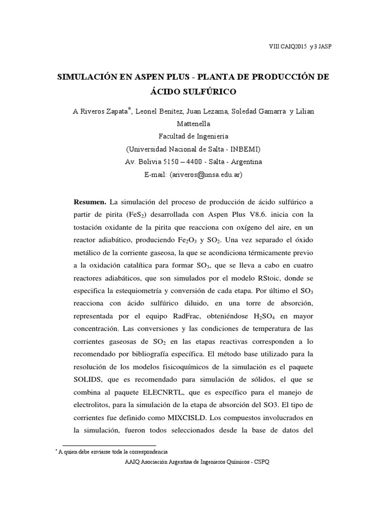 Simulación de Ácido Sulfúrico en Aspen Plus | PDF | Ácido sulfúrico ...