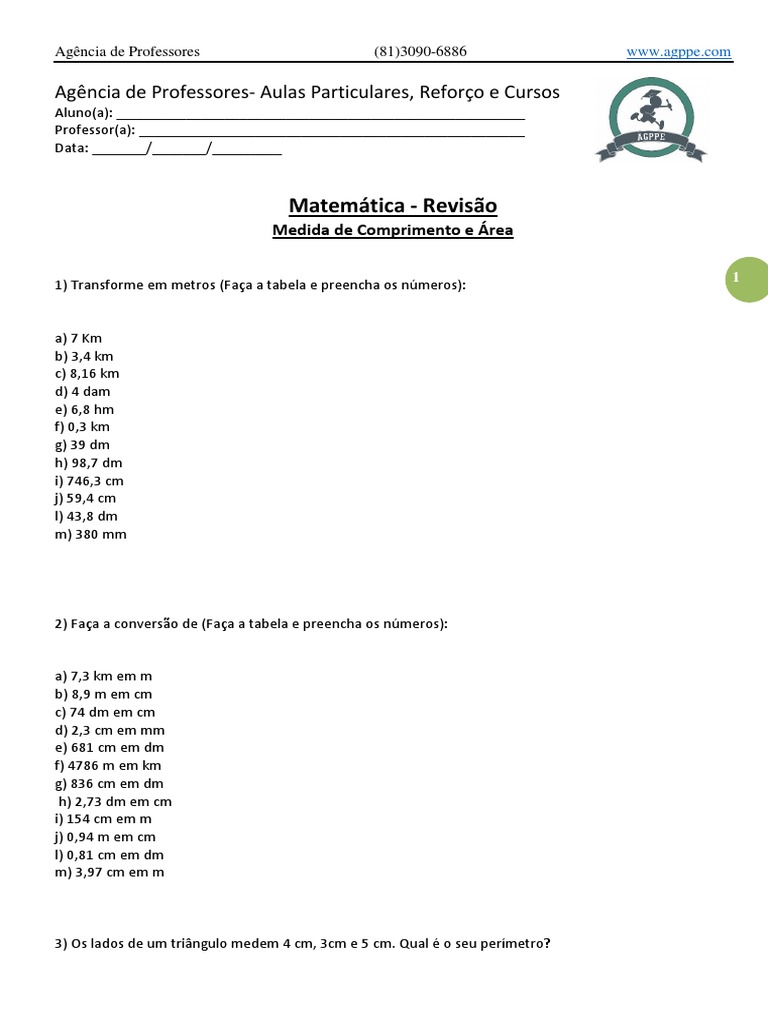 Matematica Revisao Medida De Comprimento E Area Formas Geometricas Geometria Euclidiana