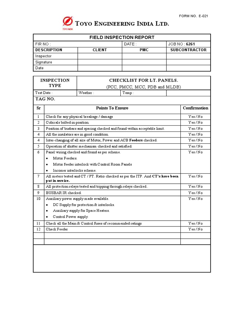 LT Panel Inspection Checklist Report | PDF