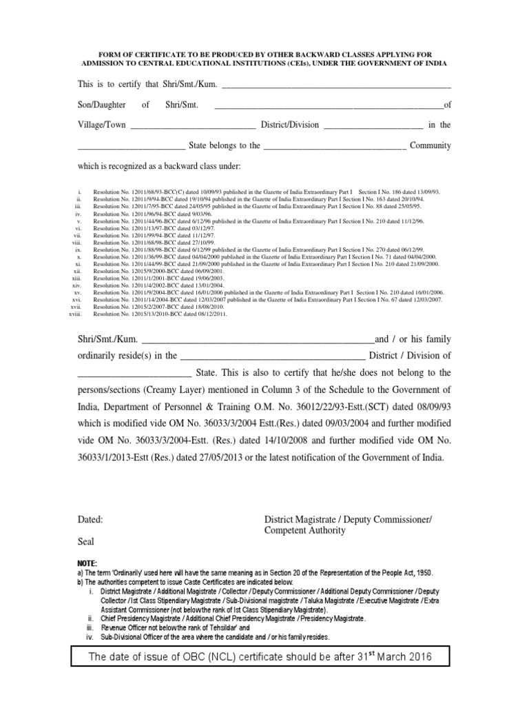 OBC NCL Certificate | PDF | Magistrate | Government Of India