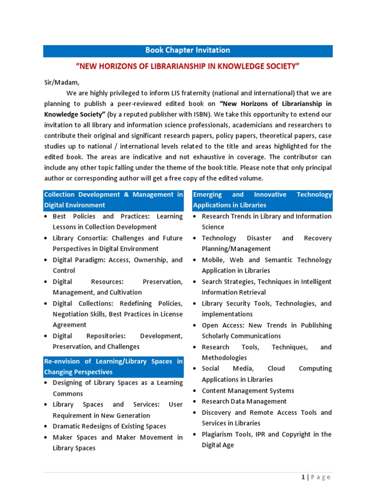 Book Chapter Invitation (New Horizons of Librarianship in Knowledge