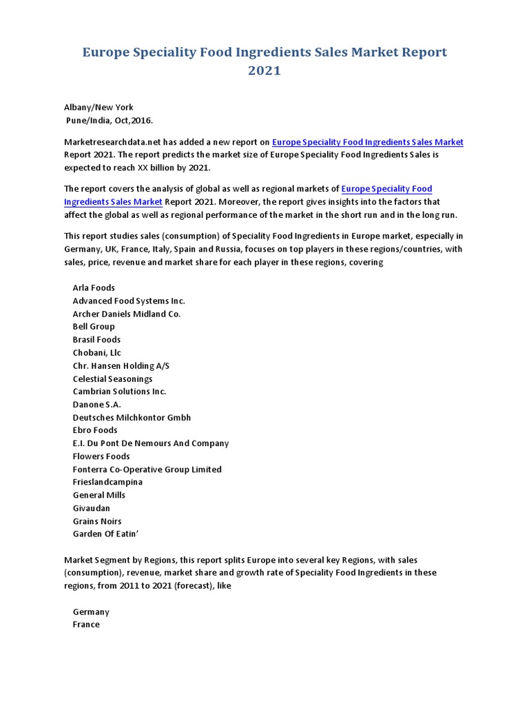 Europe Speciality Food Ingredients Sales Market Report 2021 PDF | PDF ...