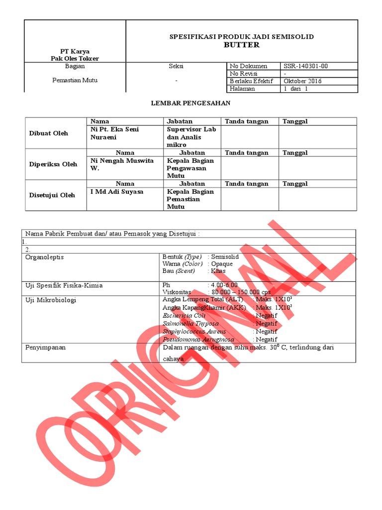 Spesifikasi Produk Jadi Butter | PDF