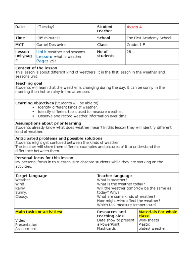 Grade 1 Weather Lesson Plan | PDF | Educational Assessment | Weather