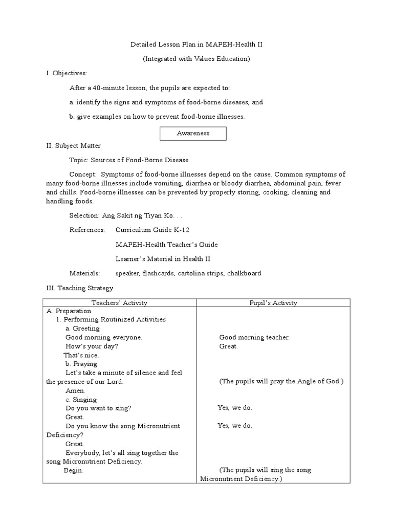 Detailed Lesson Plan In Mapeh Health Ii Pdf Foodborne Illness