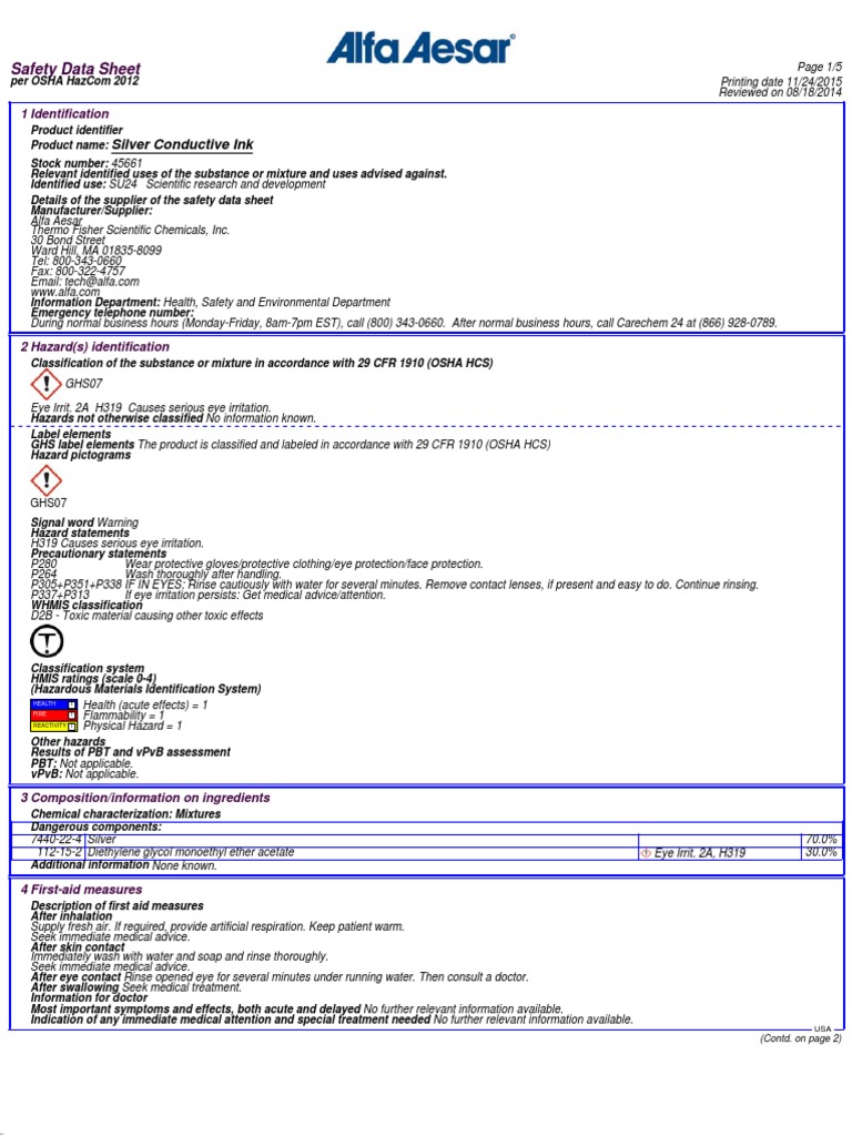 Silver Conductive Ink Safety Data Sheet | PDF | Dangerous Goods | Toxicity