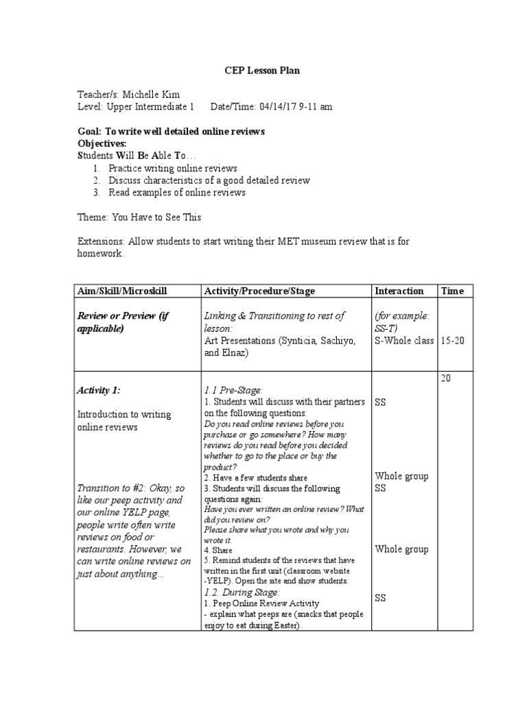 Online Review Writing Lesson Plan | PDF | Lesson Plan | Educational ...