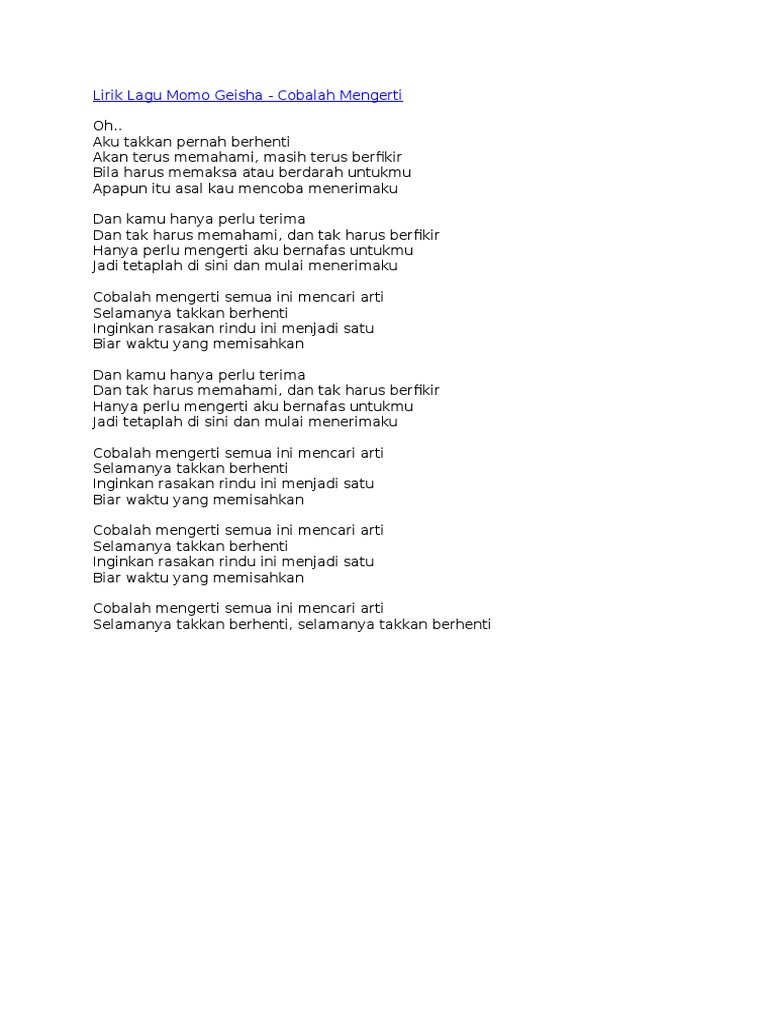 Lirik Lagu Cobalah Mengerti Arsia Lirik