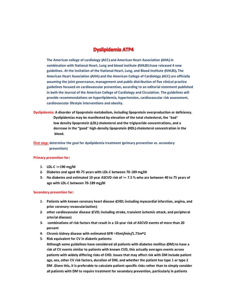 Dyslipidemia ATP4 GUIDLINES | PDF | Statin | Low Density Lipoprotein