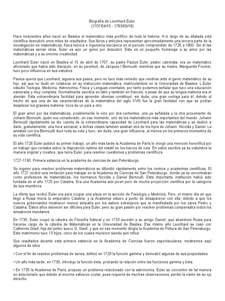 Biografía De Leonhard Euler Pdf Leonhard Euler Enseñanza De