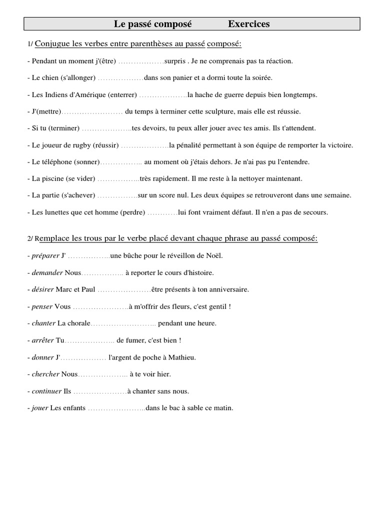 Evaluation Conjugaison Cm1 à Imprimer Exercices de Conjugaison Cm1 Cycle 3 Le Passé Composé | PDF | Loisirs