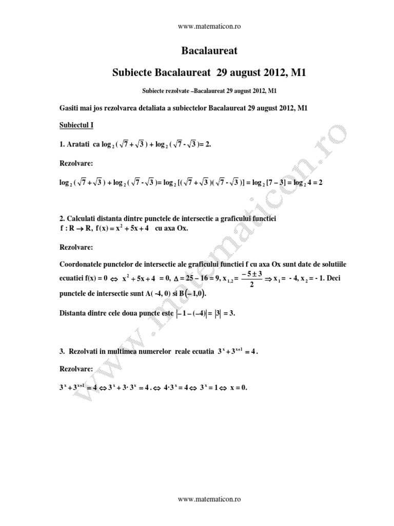 Rezolvare Bacalaureat Matematica Subiecte 29 August 2012 M1