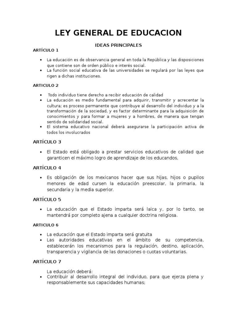 Artículos Clave de la Ley de Educación | PDF | Educación primaria ...