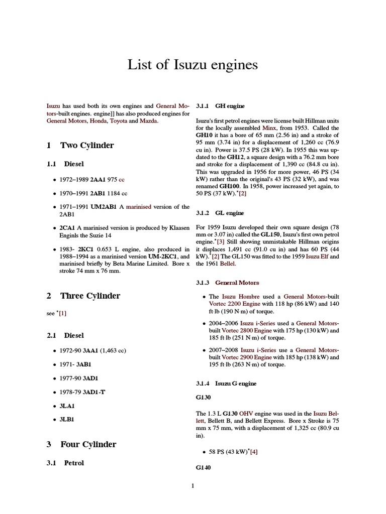 Isuzu Engine Specifications Overview | PDF | Diesel Engine | Horsepower