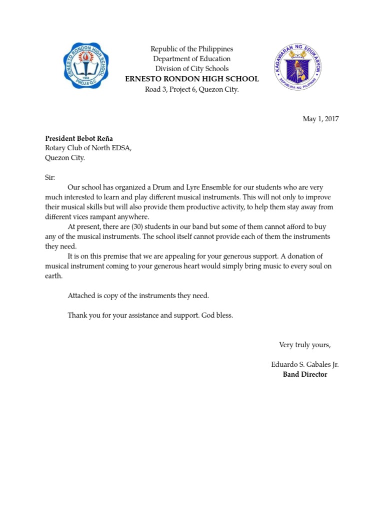 ERHS Request Letter 2017 PDF Musical Instruments Marching Bands