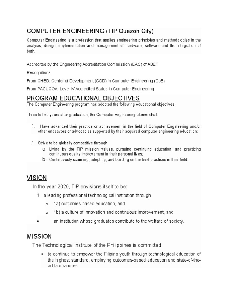 TIP Mission, Vision, Core Values and Competencies, Student Outcomes ...