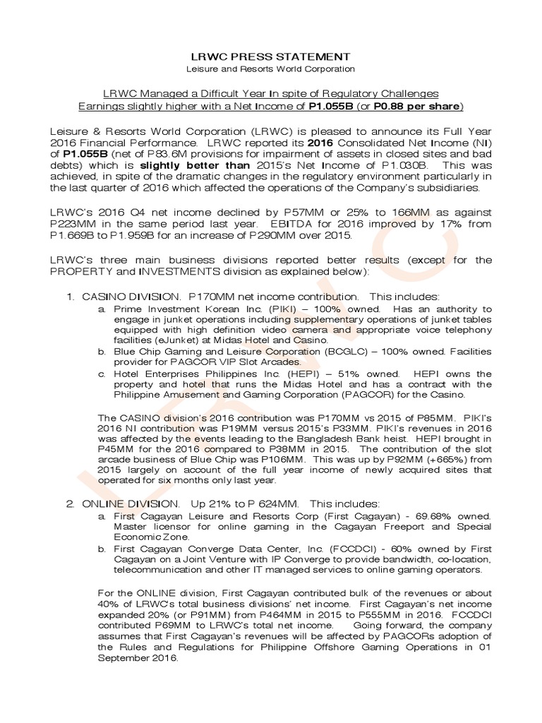 LRWC Press Statement Leisure and Resorts World Corporation PDF
