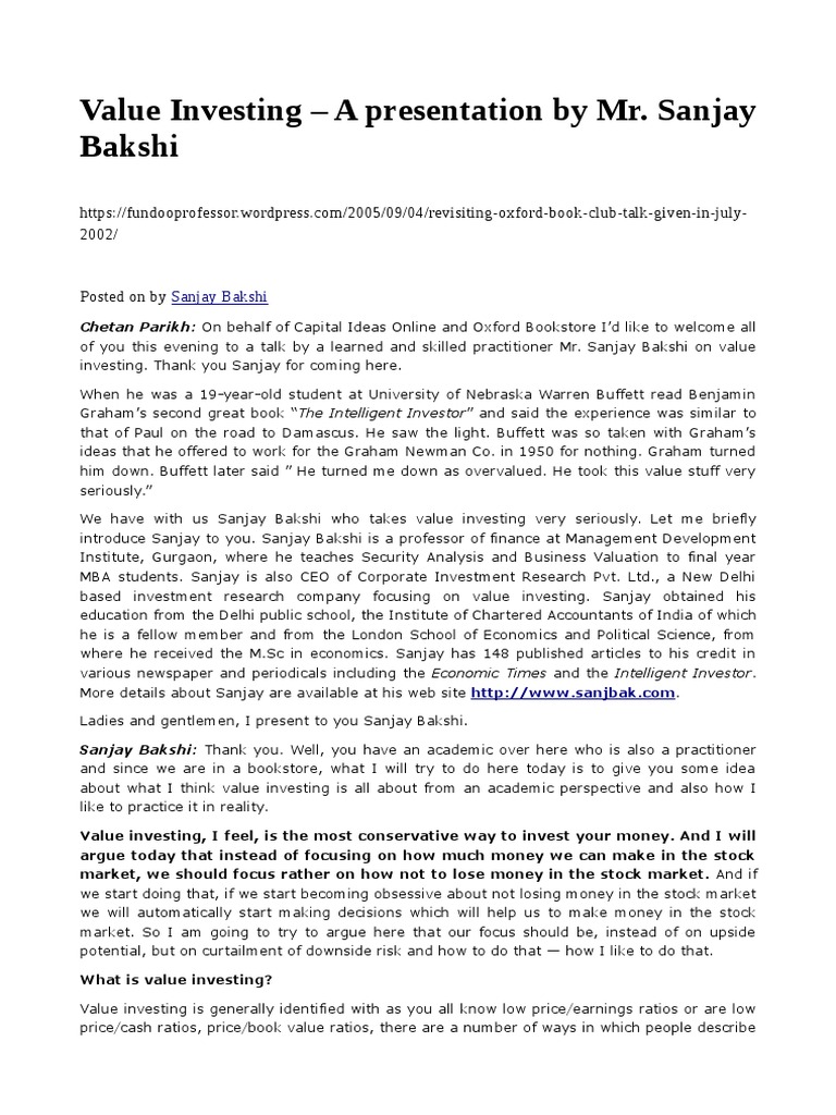 Value Investing Insights by Sanjay Bakshi | PDF | Stocks | Bonds (Finance)