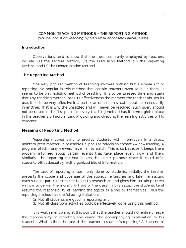 Common Teaching Methods The Reporting Method PDF Teaching Method